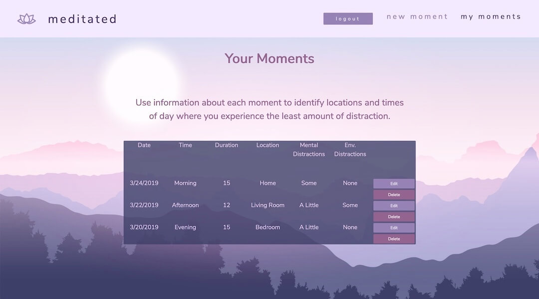 image of Meditated app dashboard page